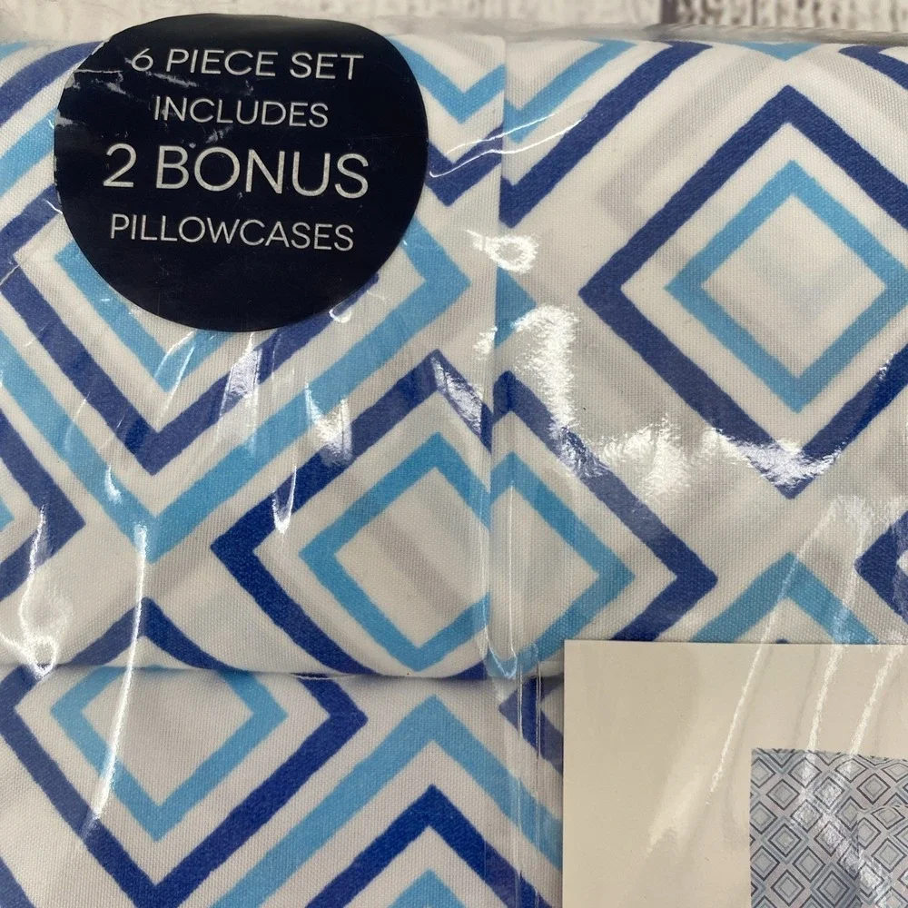 Trina Turk Sheet Set FULL White Blue Sonia Geo Diamond Geometric Colorful Modern